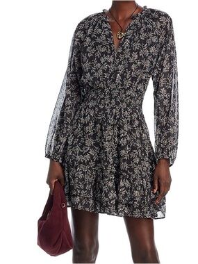 Aqua Floral Black Long-Sleeve Tiered Mini Dress